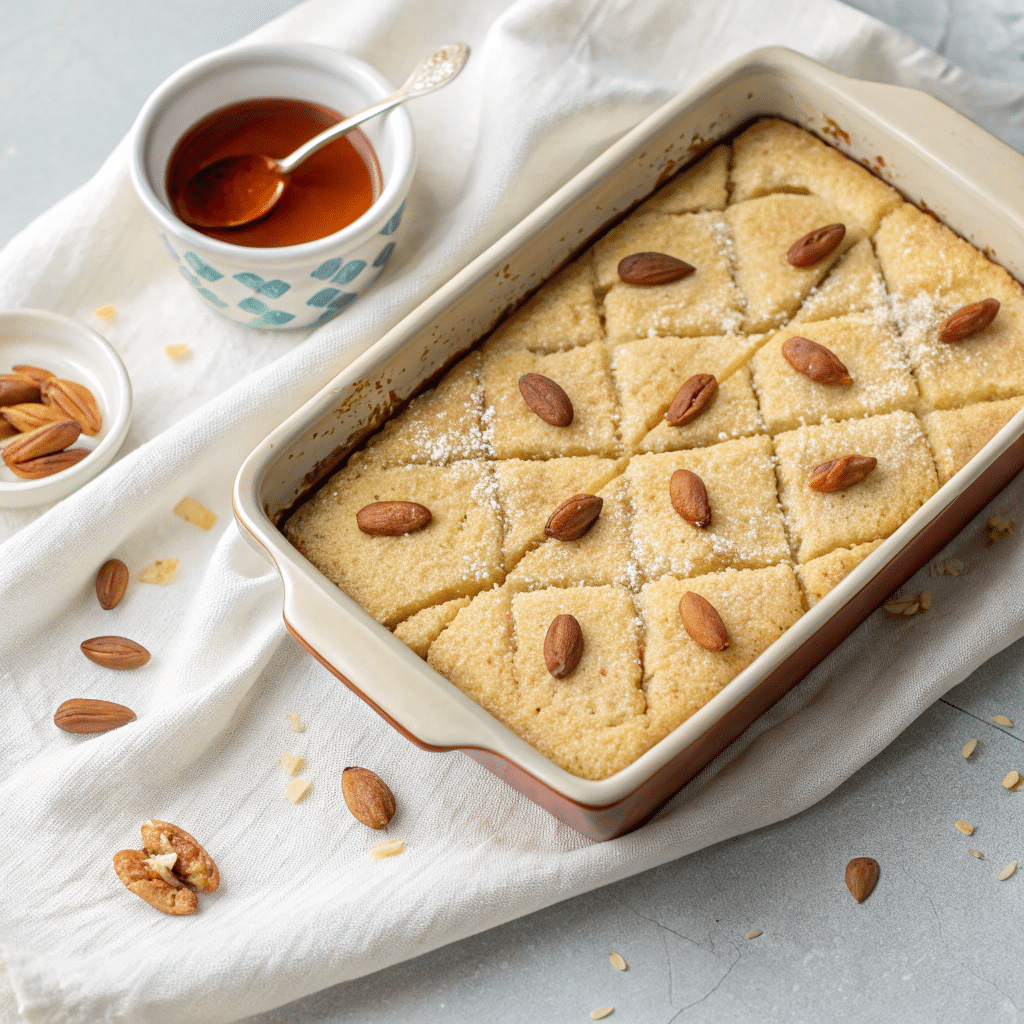 freshly baked basbousa semolina cake