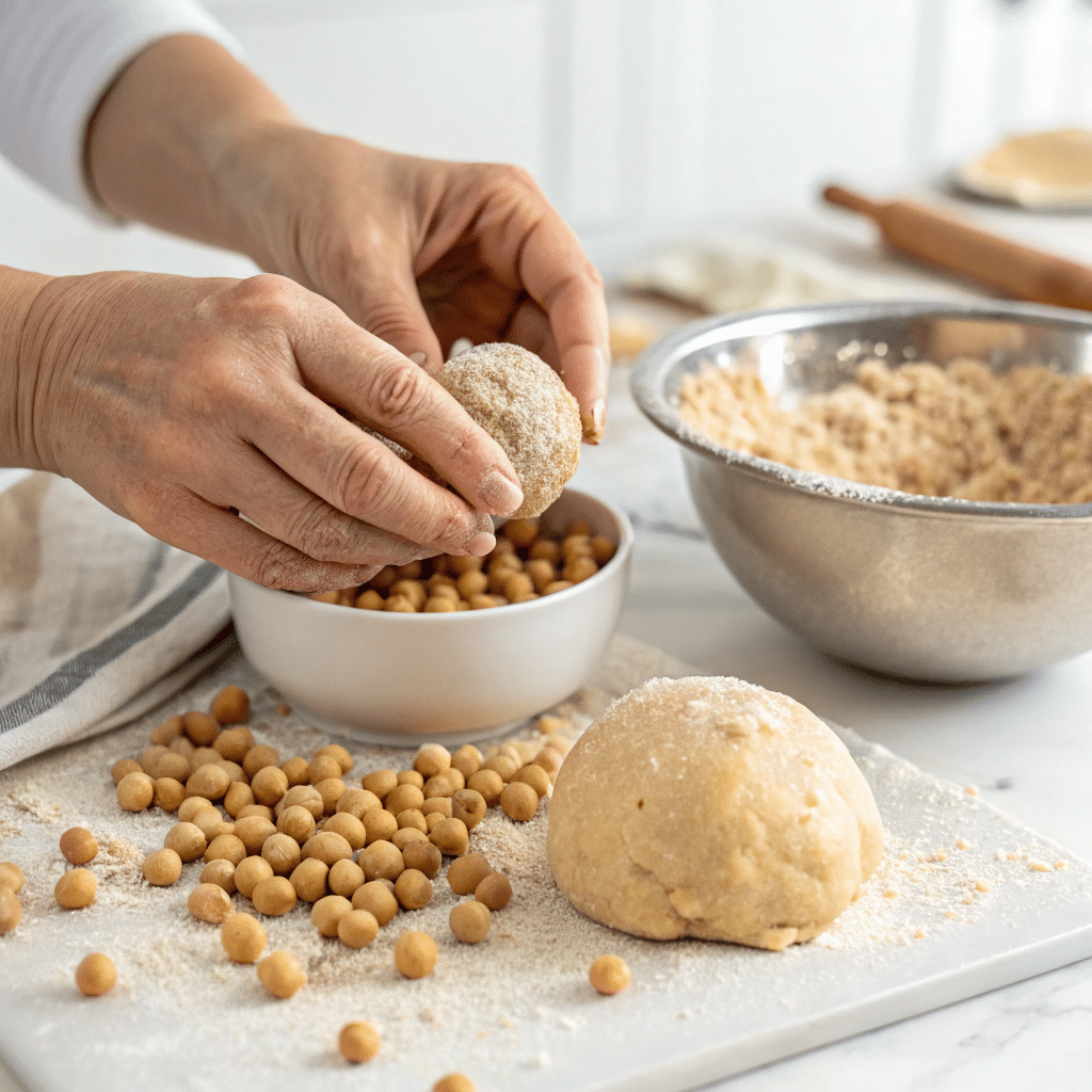 one hand peeling chickpeas