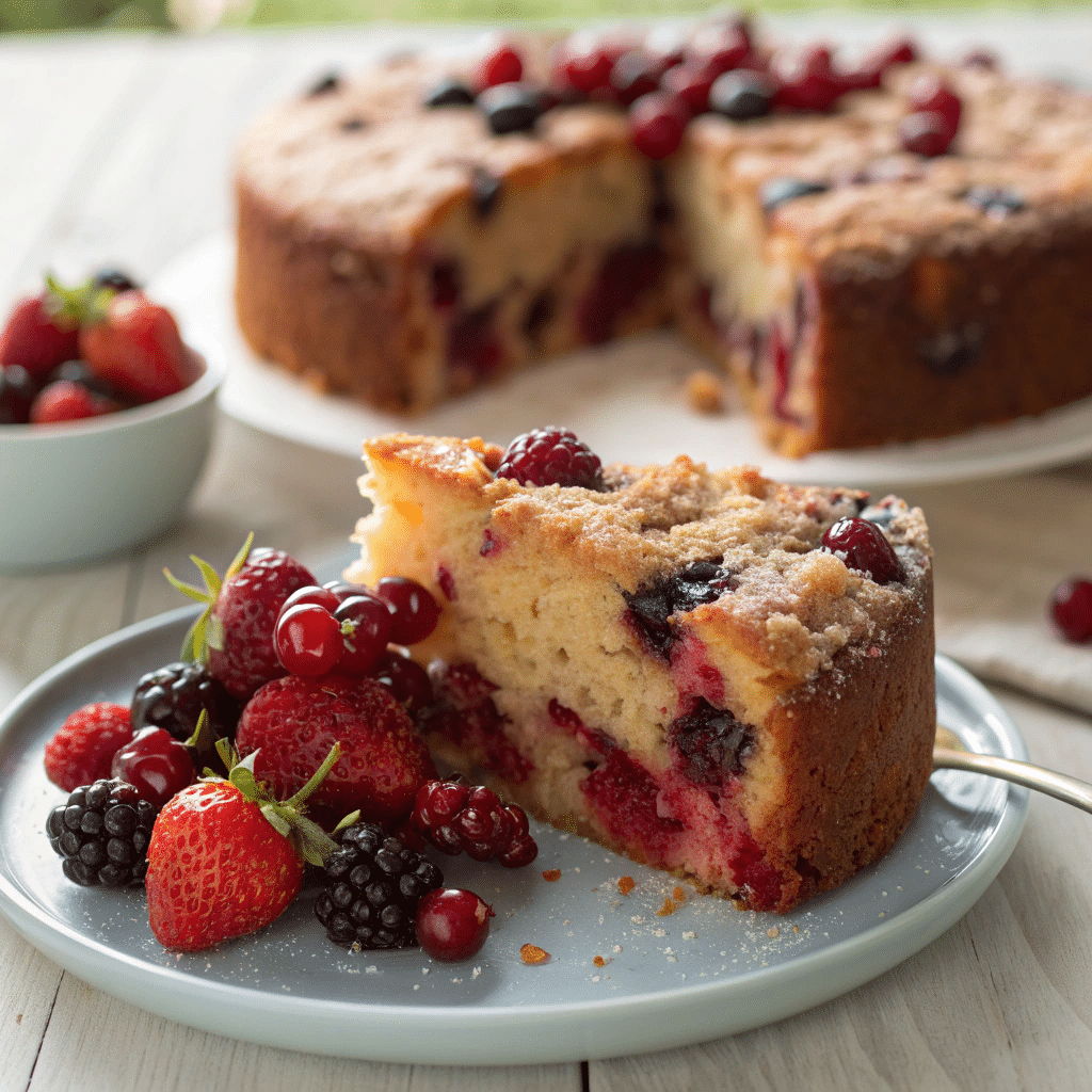 fruit cake with juicy berries sinking to the bottom