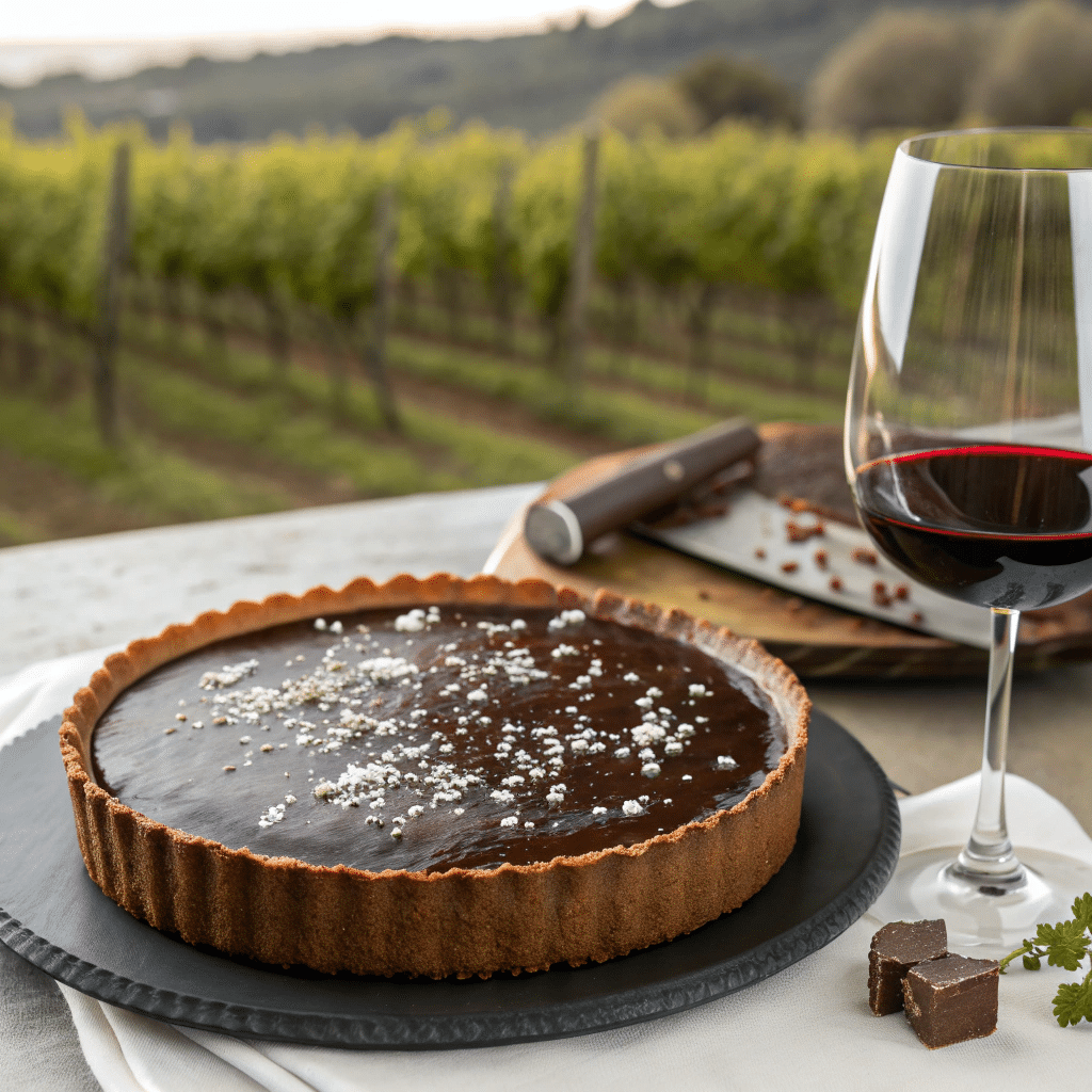 luxurious dark chocolate tart with a smooth glossy surface