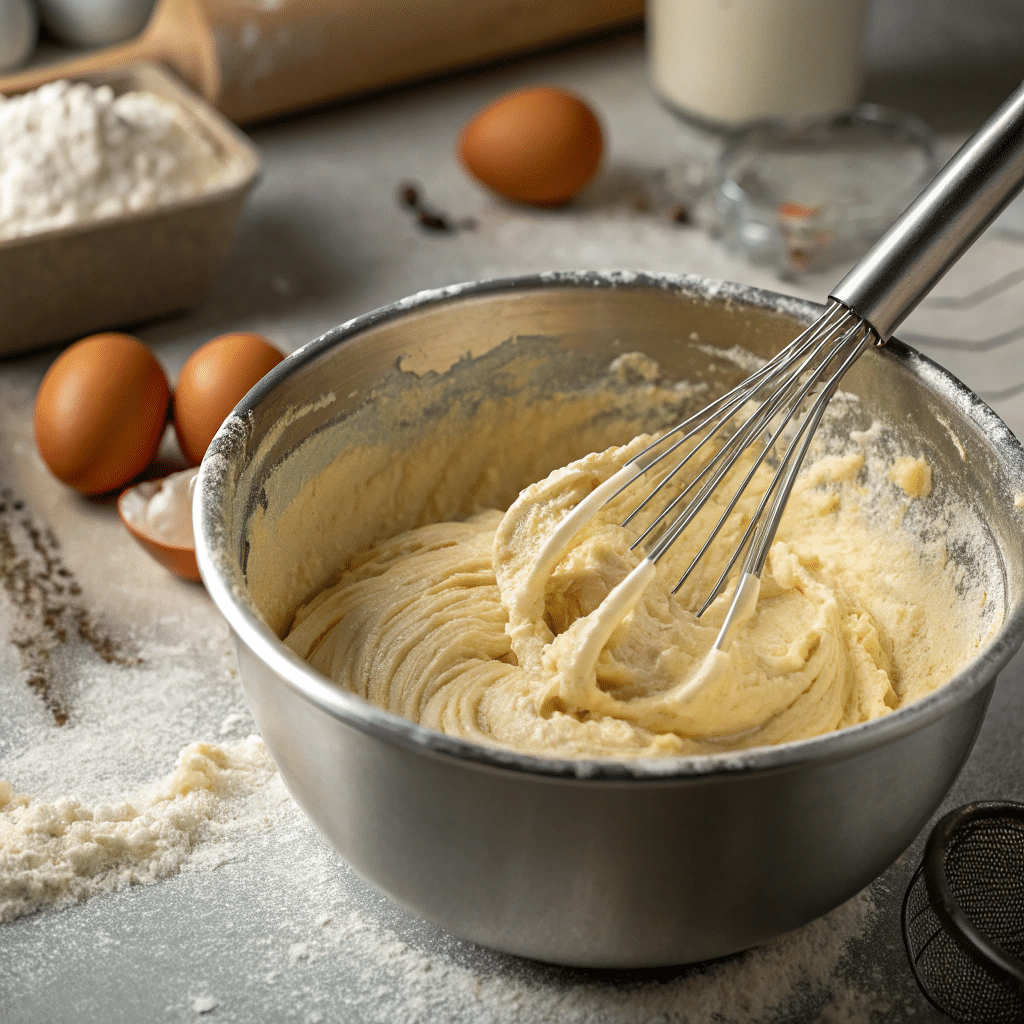 mixing bowl filled with thick overmixed cake batter