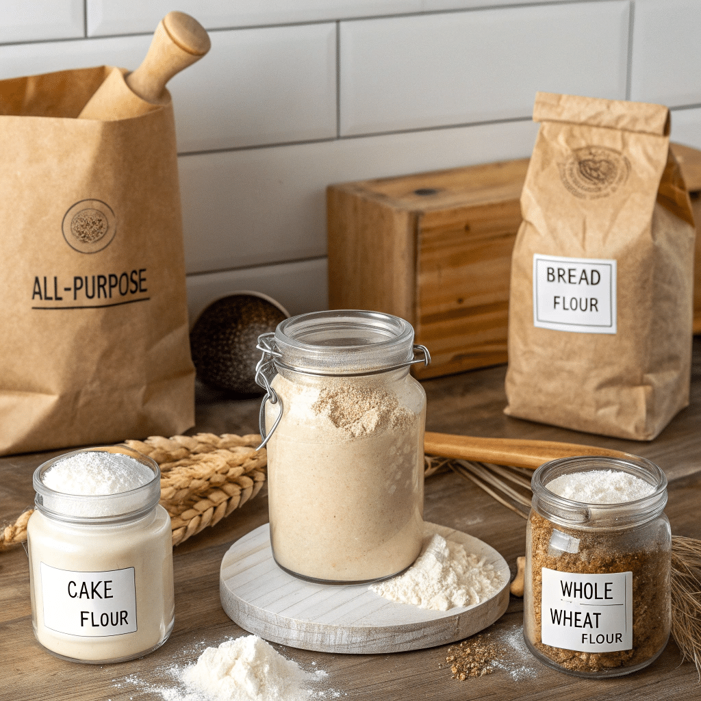 different flour bags and jars