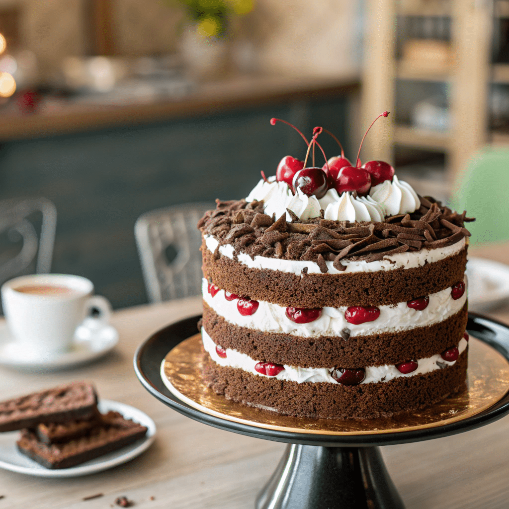 Black Forest cake with layers of chocolate sponge