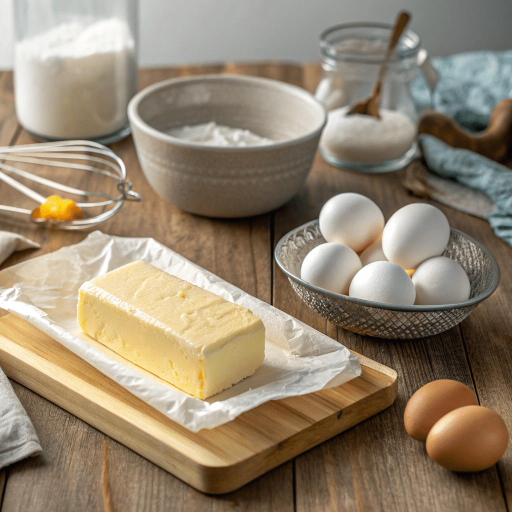 ooden kitchen counter with cold butter still in a wrapper