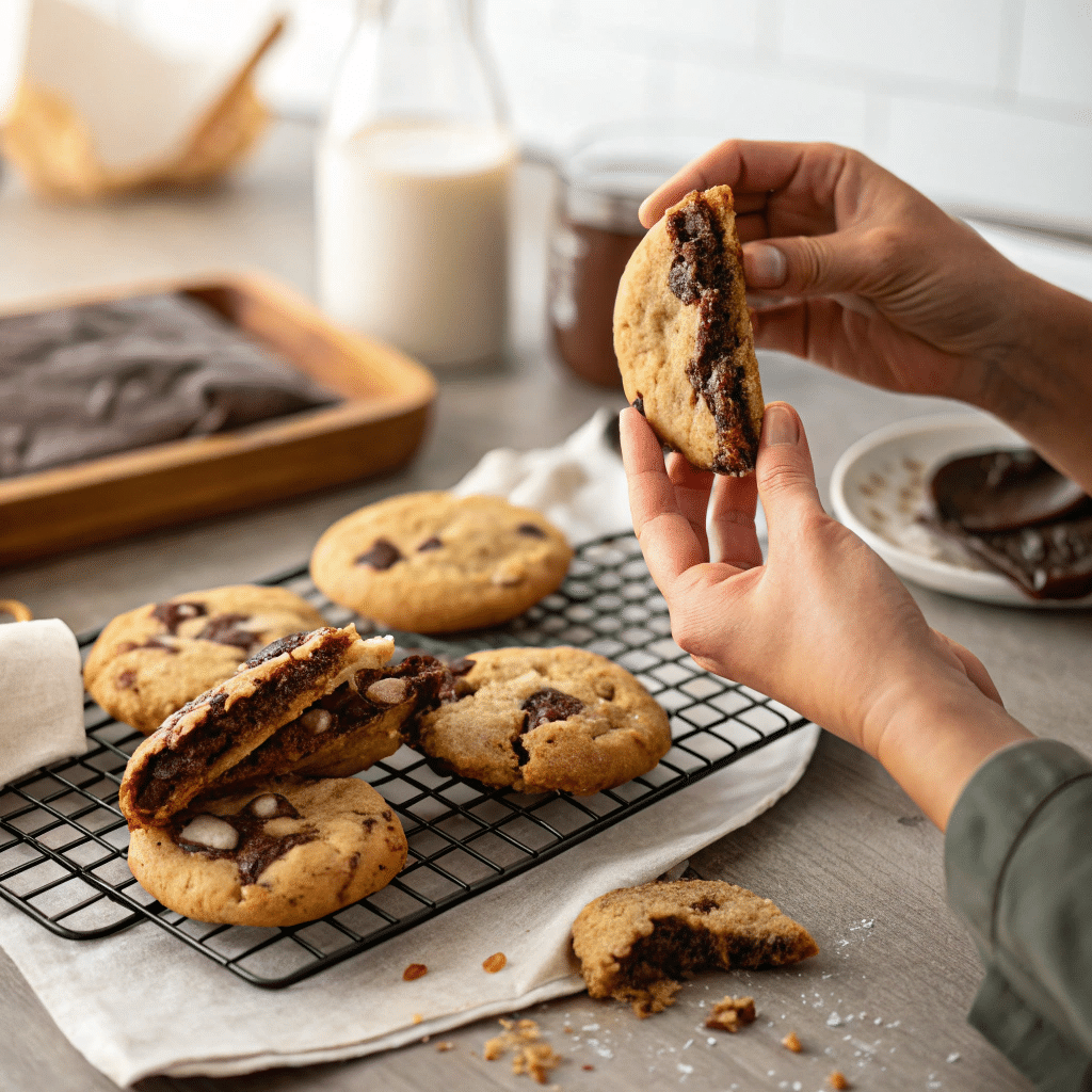 someone holding a broken cookie with melted chocolate