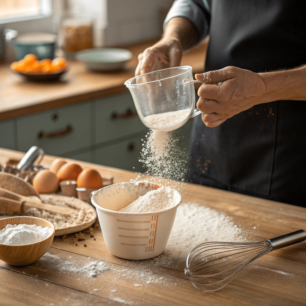 measuring cup overflowing with flour