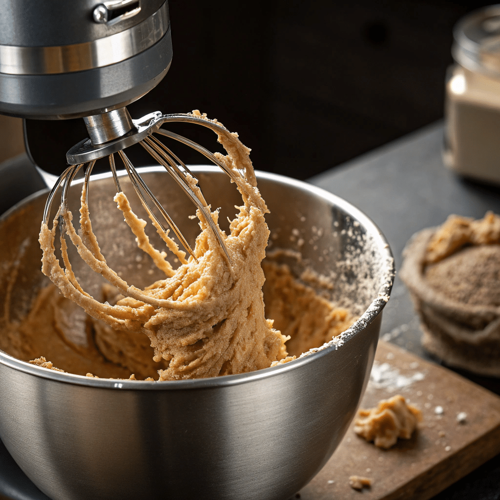 stand mixer bowl with cookie dough inside