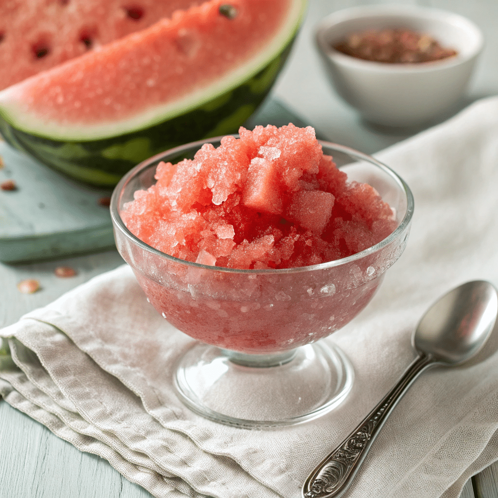 shallow glass bowl filled with freshly scraped watermelon granita