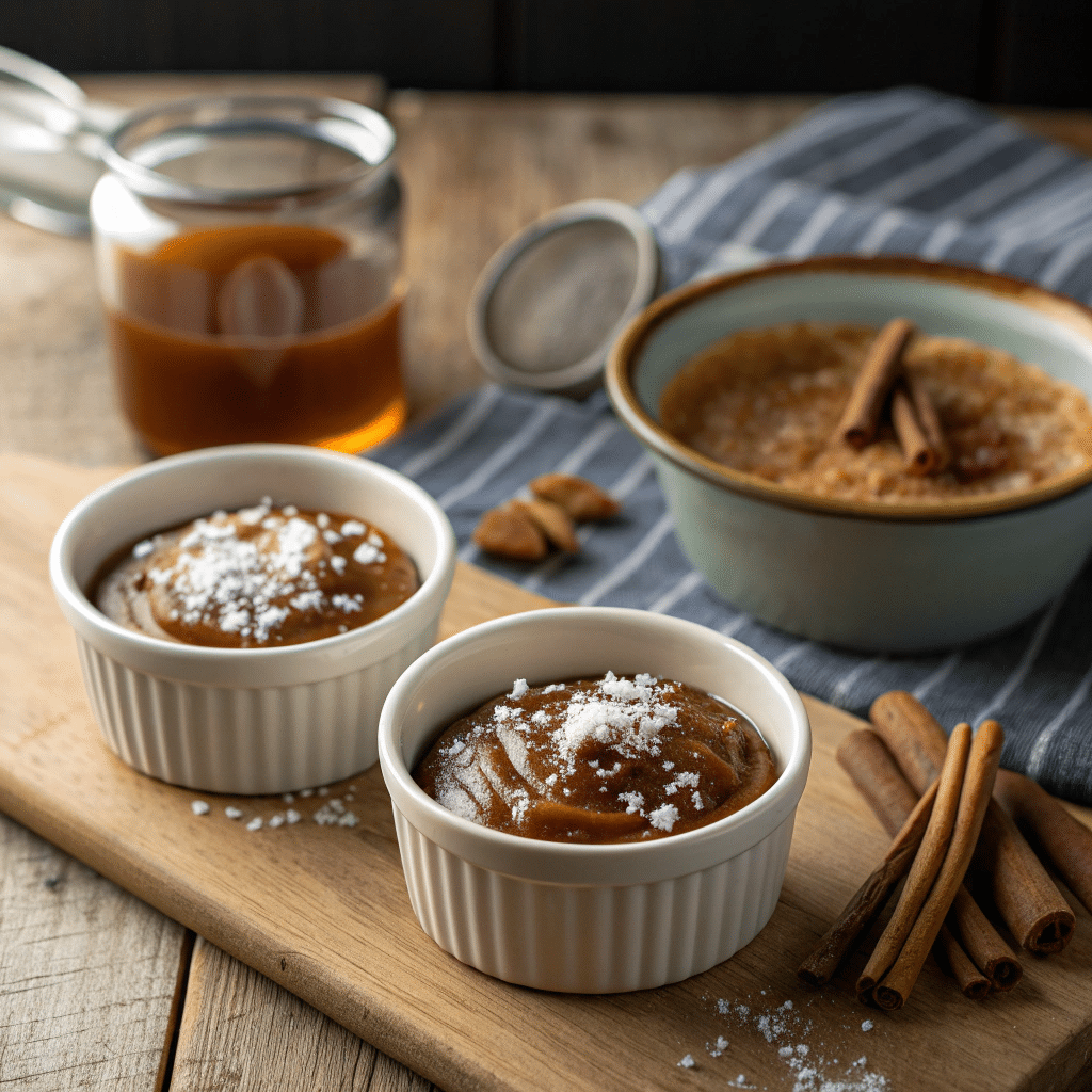 three small bowls of vegan caramel variations