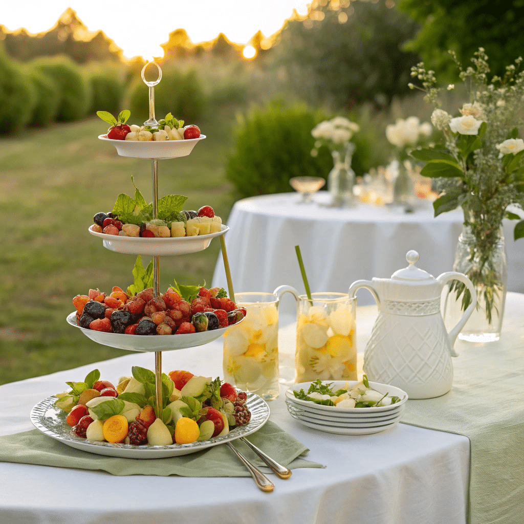 Elegant party table with a tiered stand full of colorful fruit kabobs
