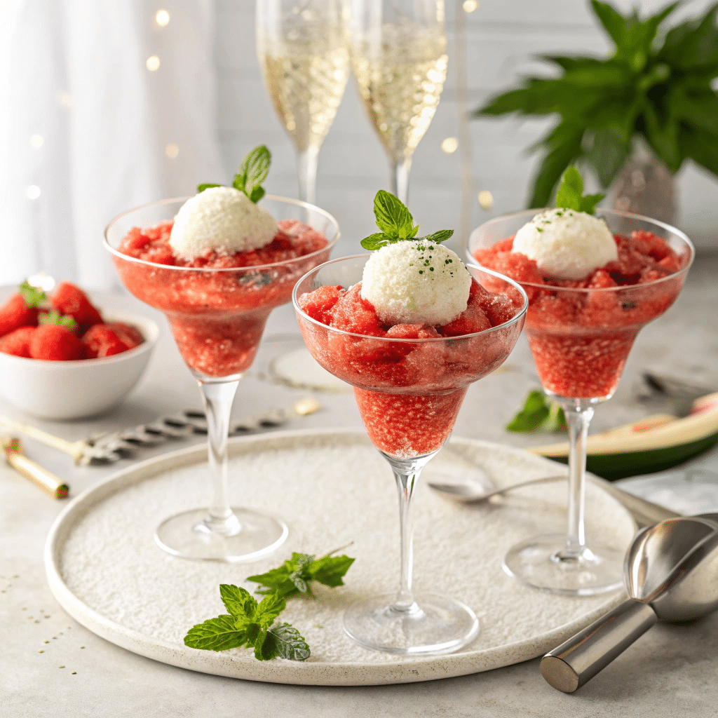 summer dessert table scene with watermelon granita