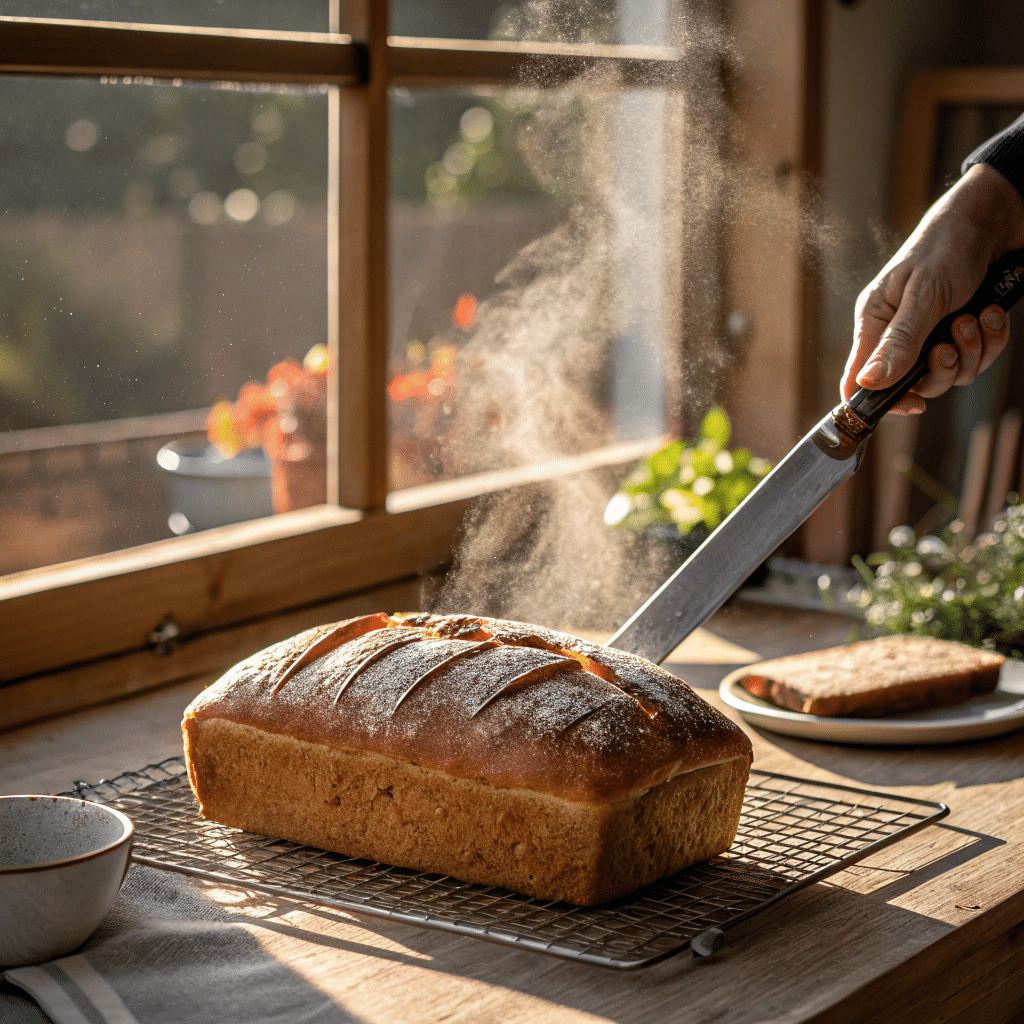 Freshly baked sourdough loaf on a cooling rack
