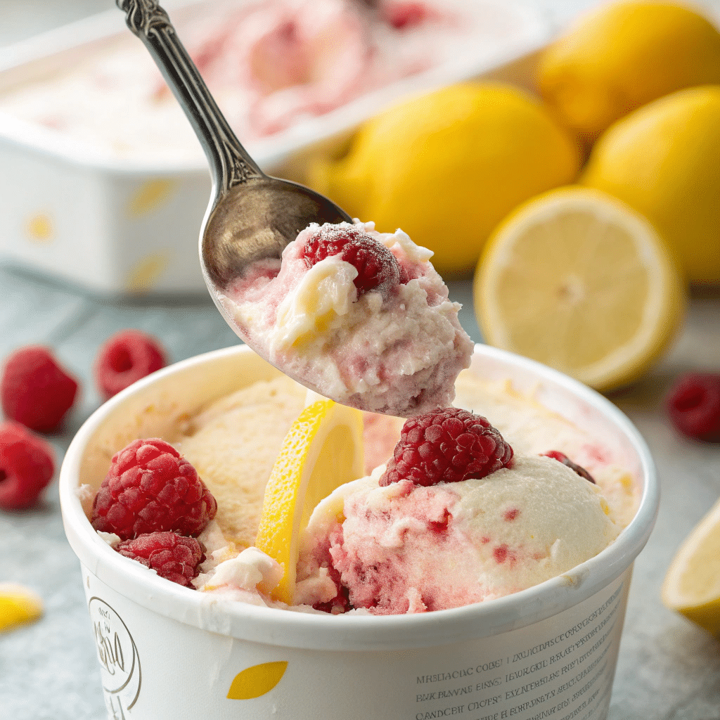 spoon scooping perfectly creamy lemon raspberry frozen yogurt
