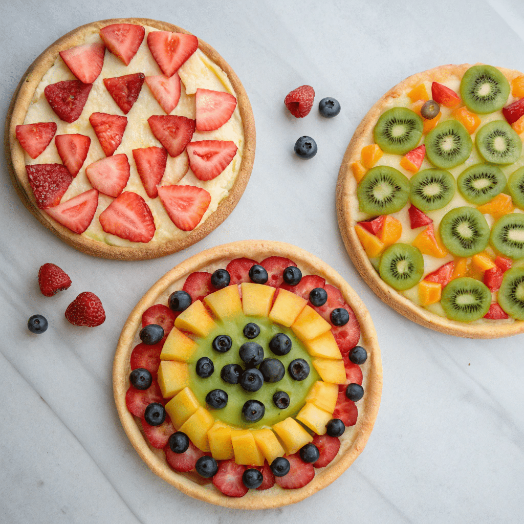 three different fruit pizzas