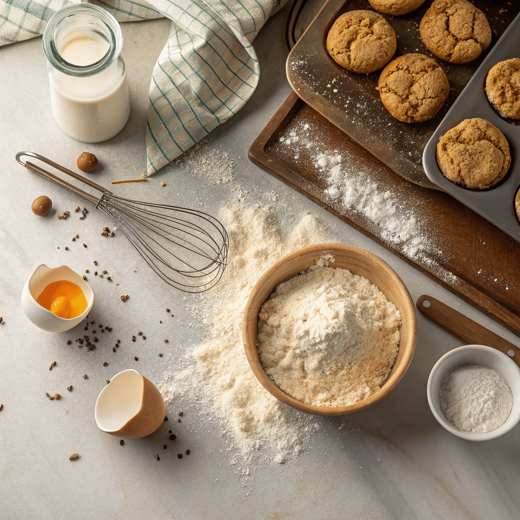 baking counter with common baking ingredients