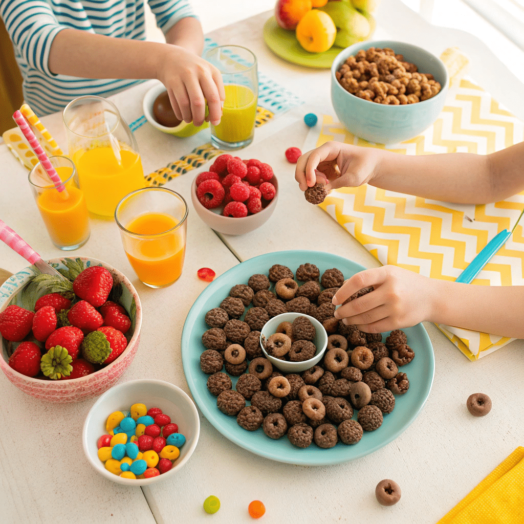 plate of chocolate cereal nests surrounded by bowls of fruit
