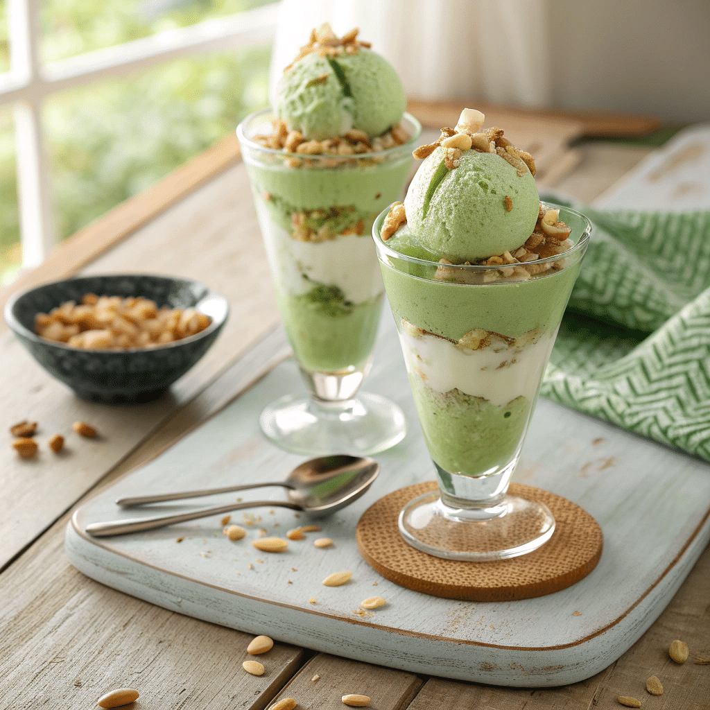 avocado ice cream scoops in tall glasses