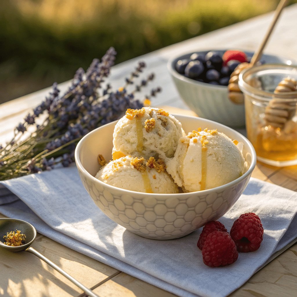 bowl of honey lavender ice cream scoops