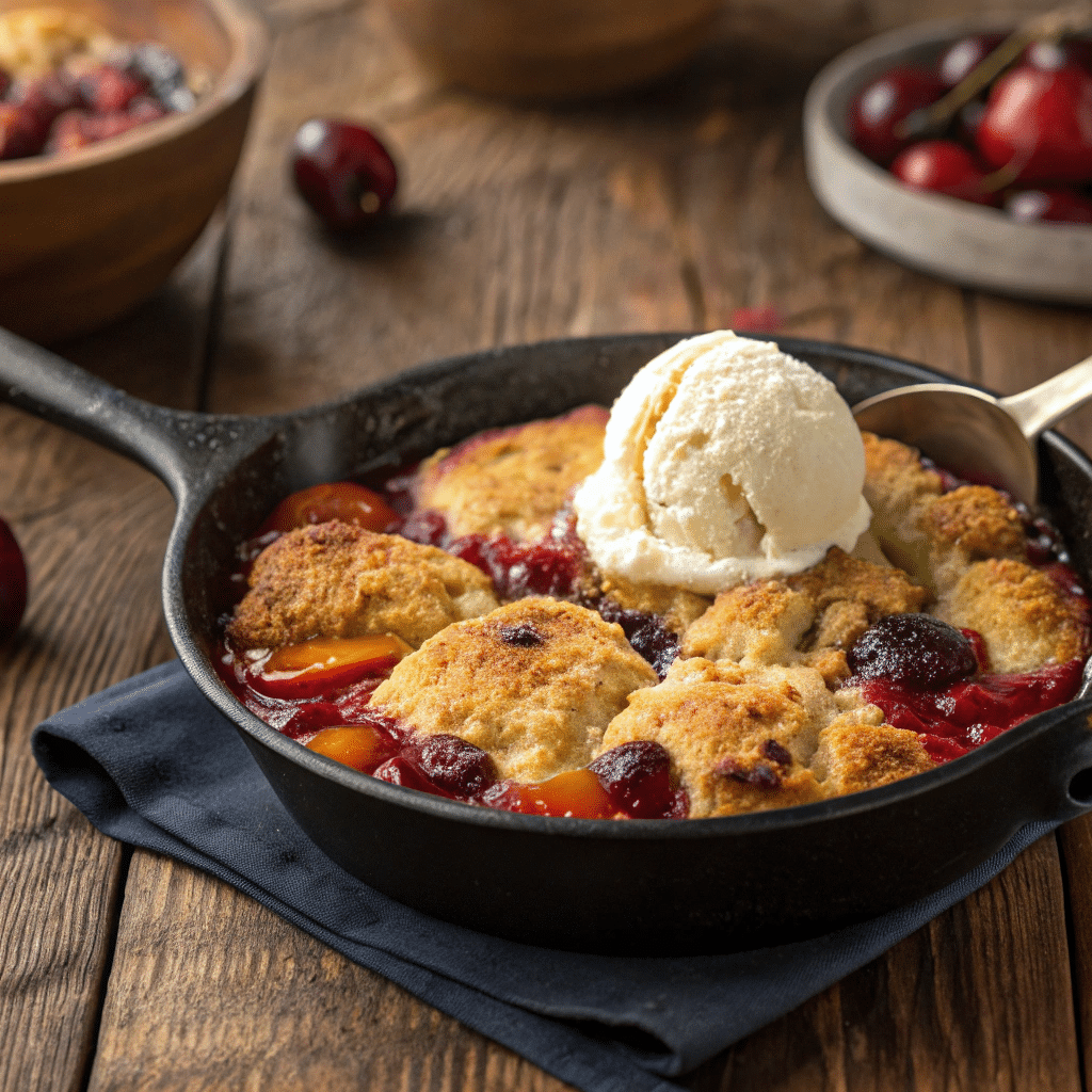 bubbling fruit cobbler in a cast iron skillet