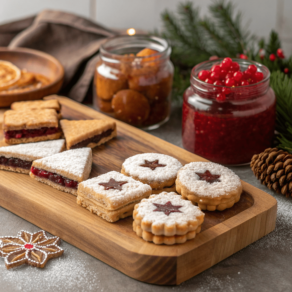 A dessert board showcasing variations of Linzer treats