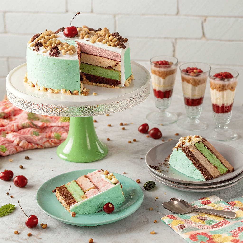 spumoni ice cream cake on a cake stand
