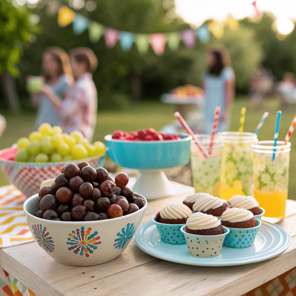 party snack table with bowls of frozen chocolate covered grapes