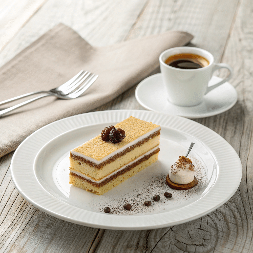 A plated slice of Gâteau Opéra