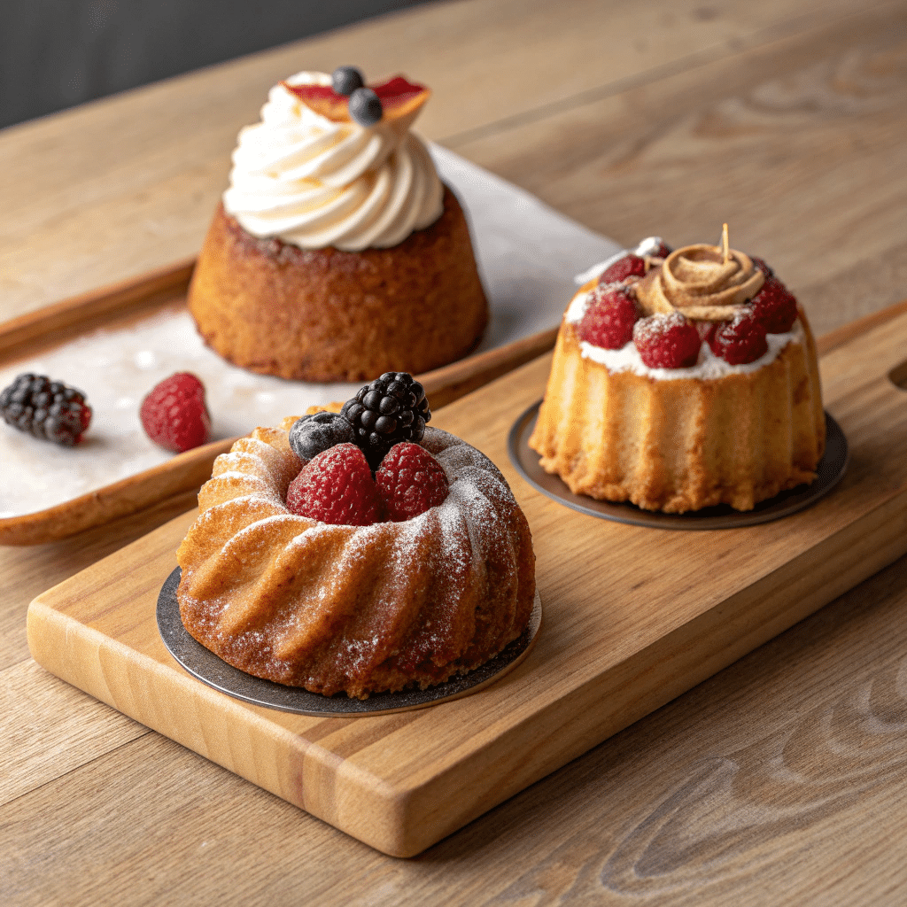 trio of baba au rhum cakes in different variations