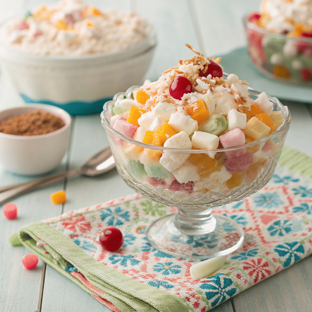 vintage glass bowl of ambrosia salad