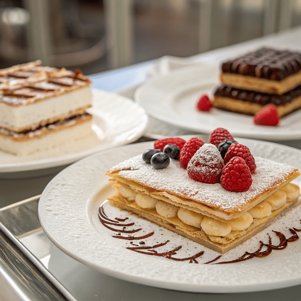 Napoleon dessert topped three different ways