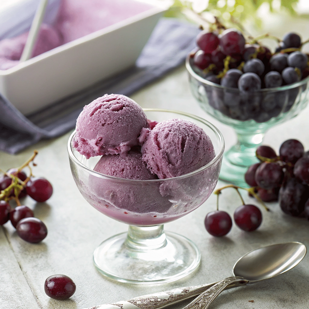 Deep purple grape sorbet scooped into a chilled glass bowl
