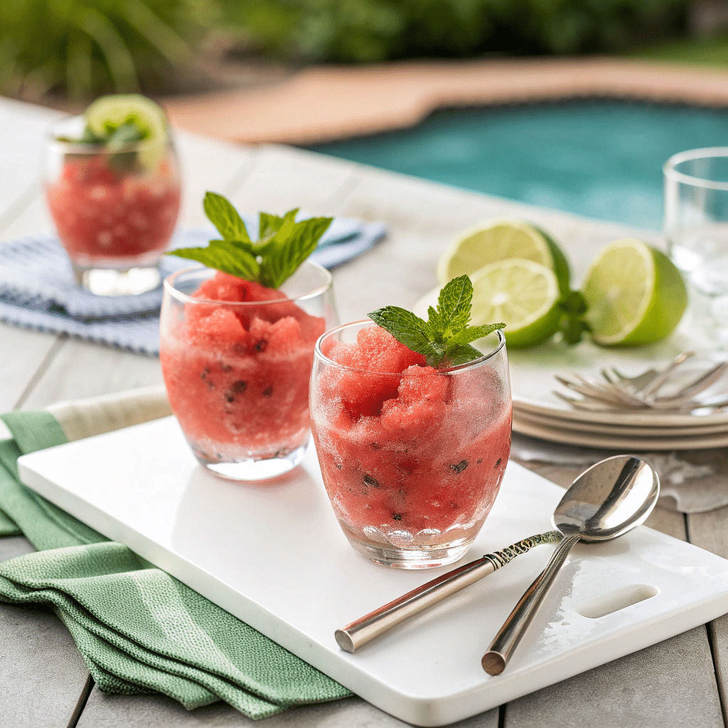 chilled glasses filled with watermelon granita
