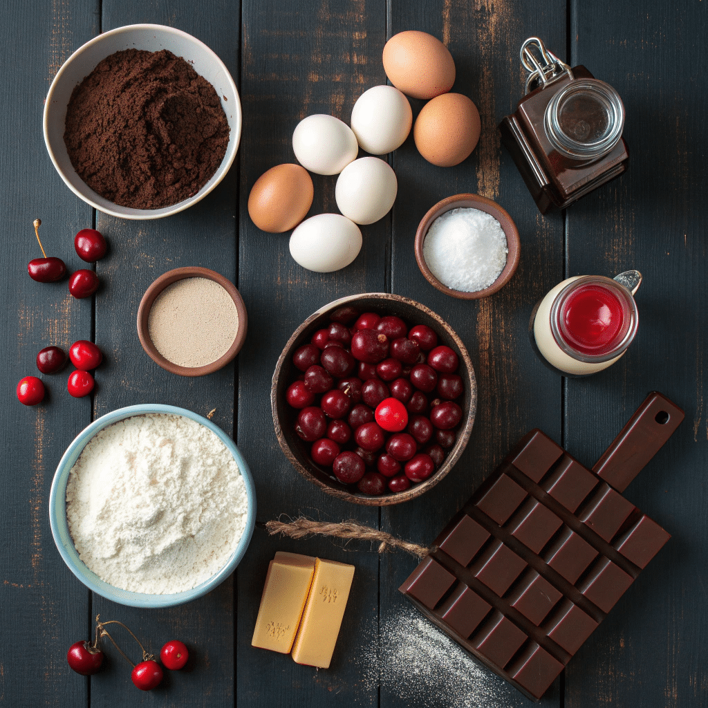 Flat lay of all ingredients for a Black Forest Cake