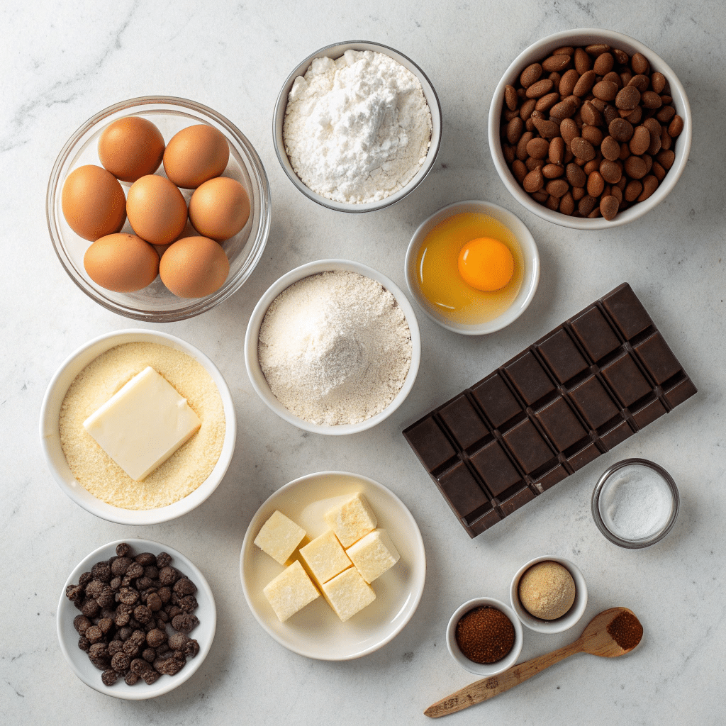 Flat lay of all ingredients for Gâteau Opéra