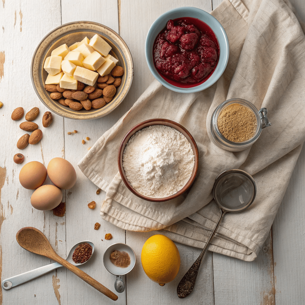 Flat lay of ingredients for Linzer Torte
