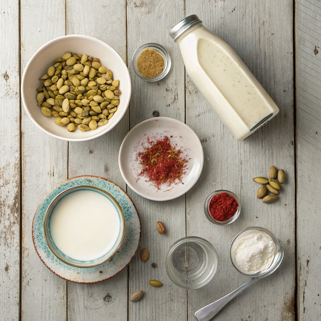 Flat lay of ingredients for pistachio kulfi