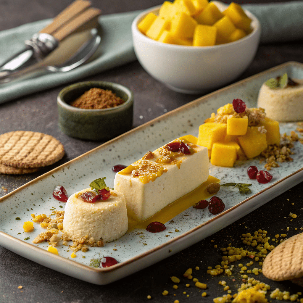 Kulfi slices plated with accompaniments: fresh mango cubes