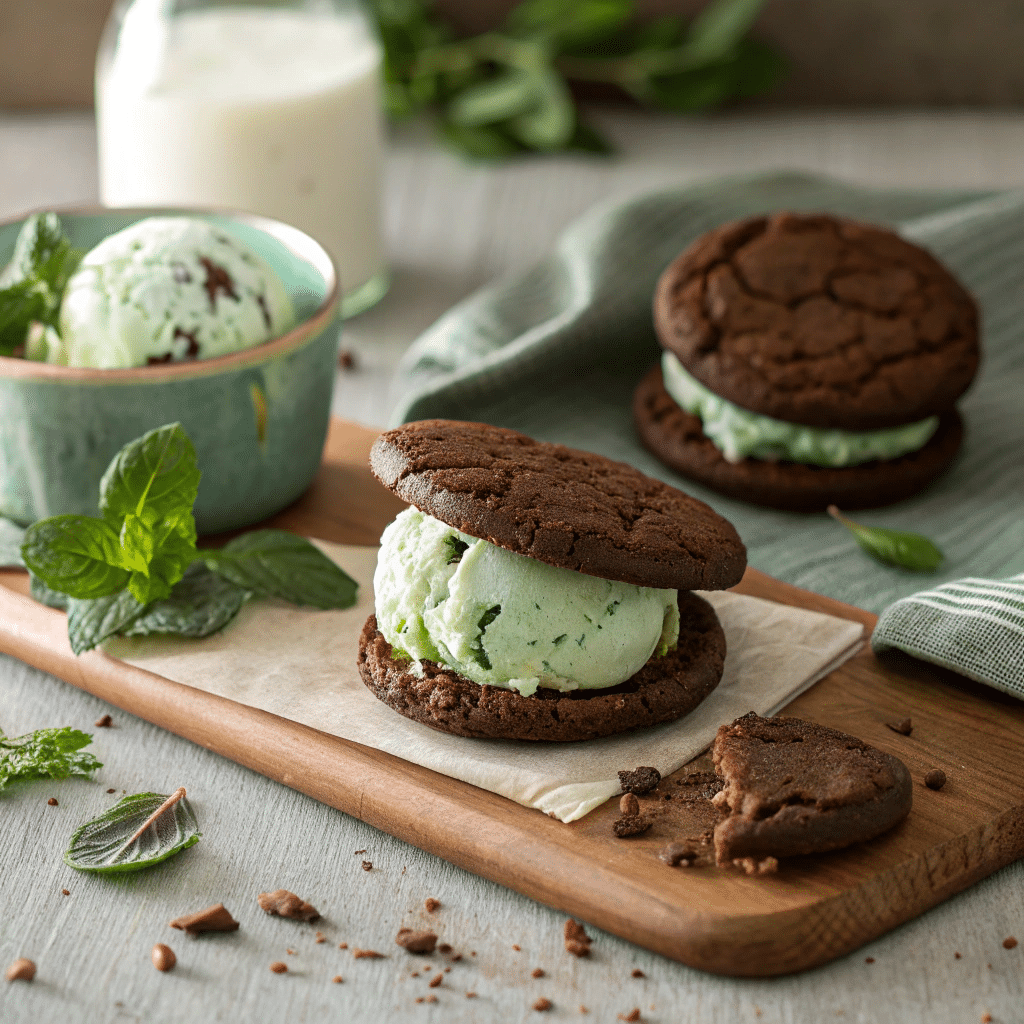 Mint chocolate gelato scooped between two chewy chocolate cookies