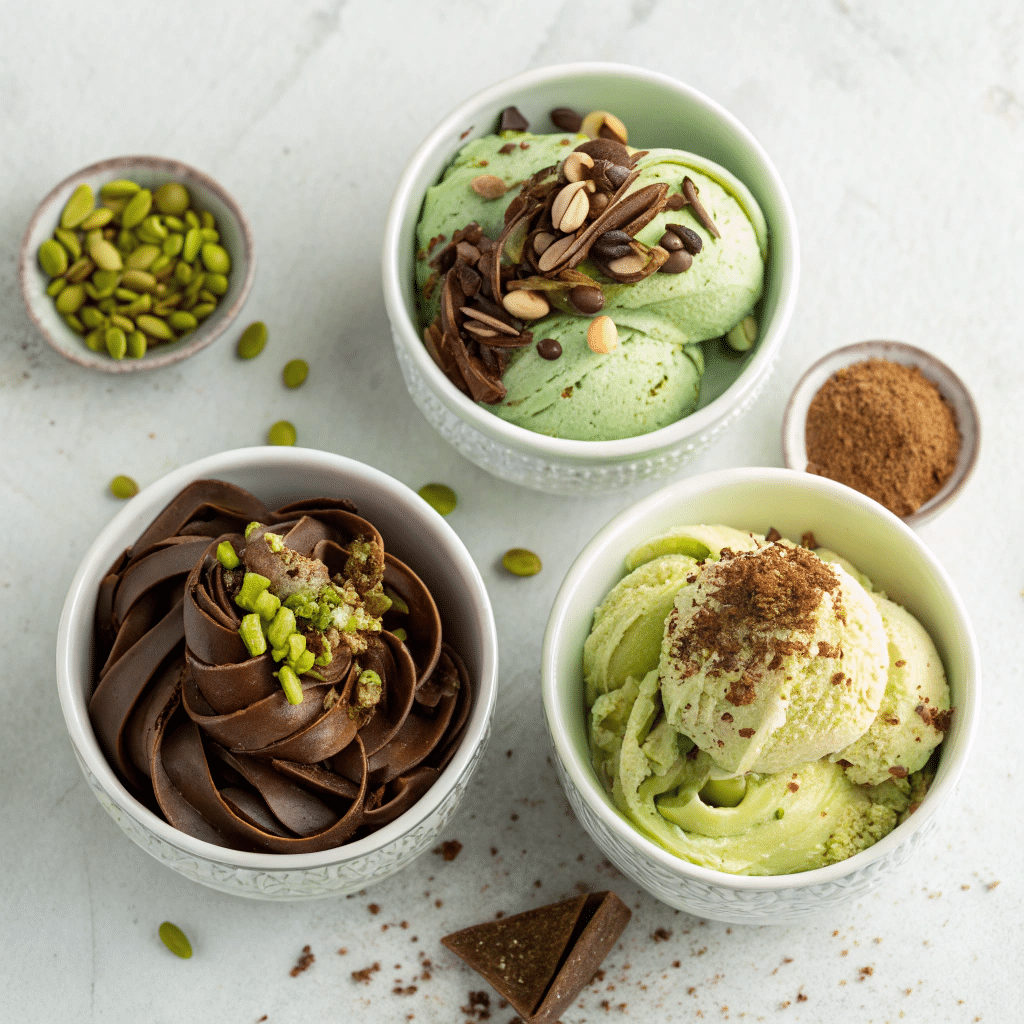 Three small bowls of mint gelato