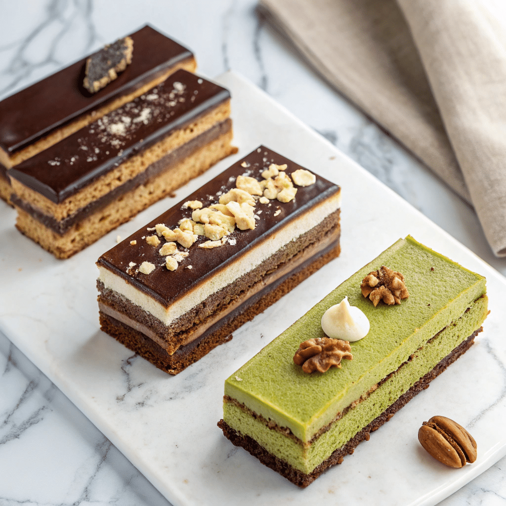 Three variations of Opera Cake slices