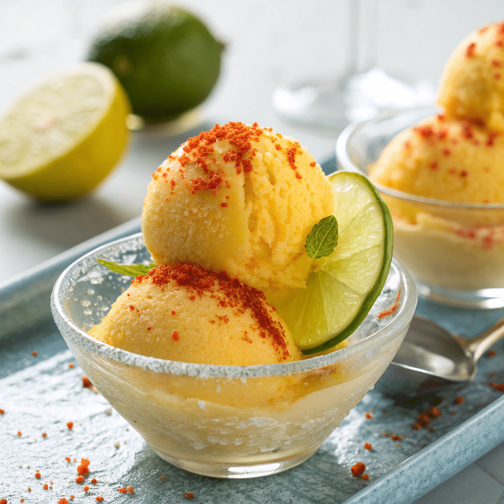 yellow mango sorbet scooped into a small glass bowl