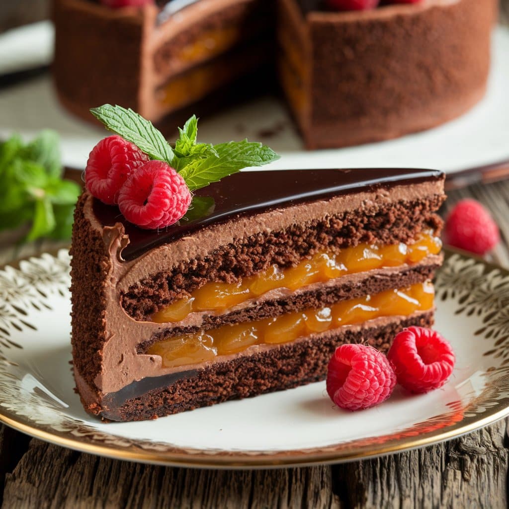 A beautifully plated slice of Sacher Torte, showcasing a rich chocolate cake layered with apricot jam, topped with a glossy chocolate glaze. The plate is garnished with fresh raspberries and a sprig of mint. The background features a rustic wooden table setting, enhancing the cake's luxurious appearance.