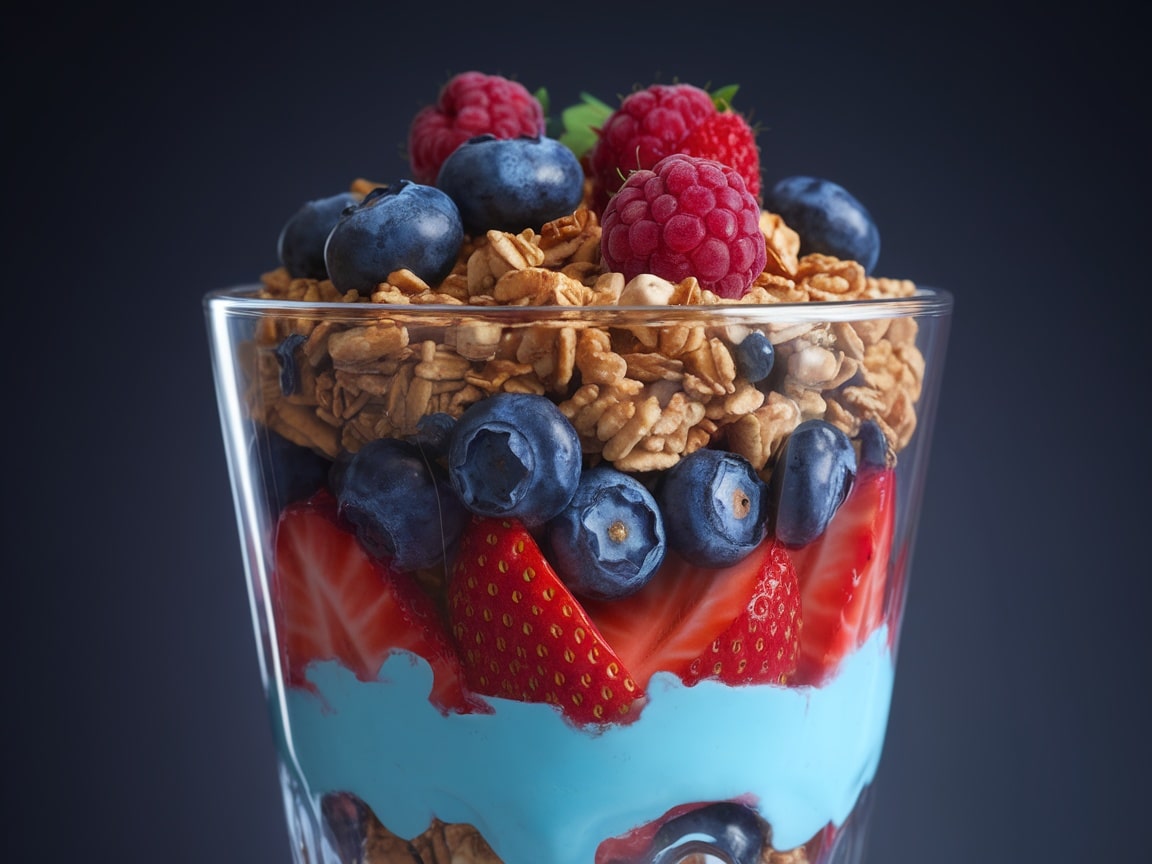 A colorful berry yogurt parfait with layers of yogurt, strawberries, blueberries, and granola topped with raspberries.