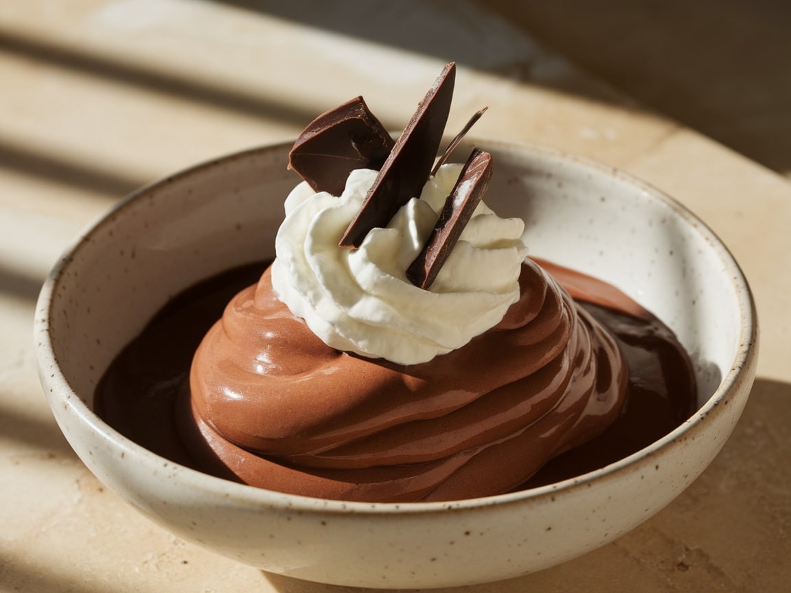 A creamy chocolate avocado mousse topped with whipped cream and chocolate shavings in a bowl.