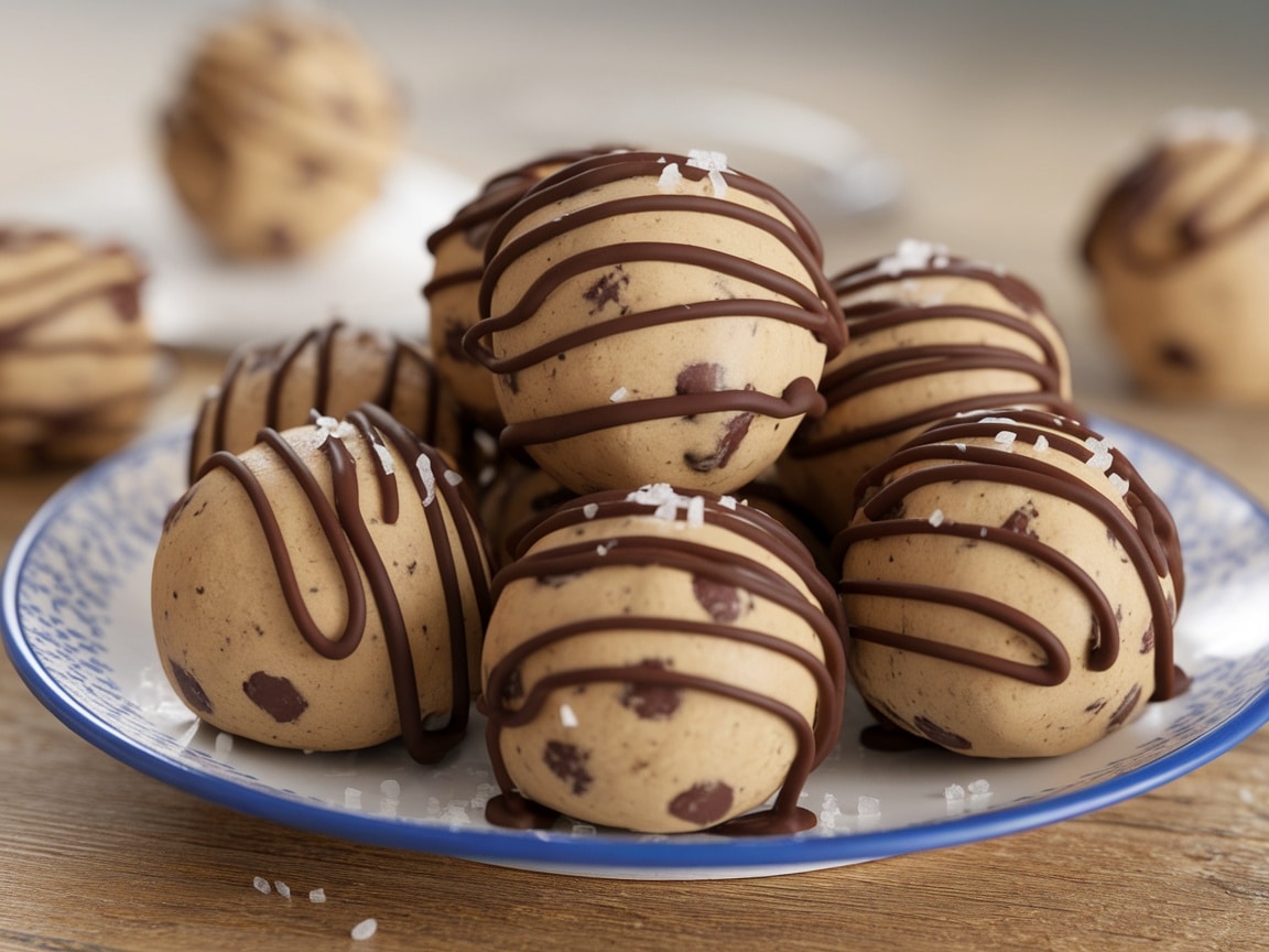 A plate of chocolate chip cookie dough bites with chocolate drizzle and salt