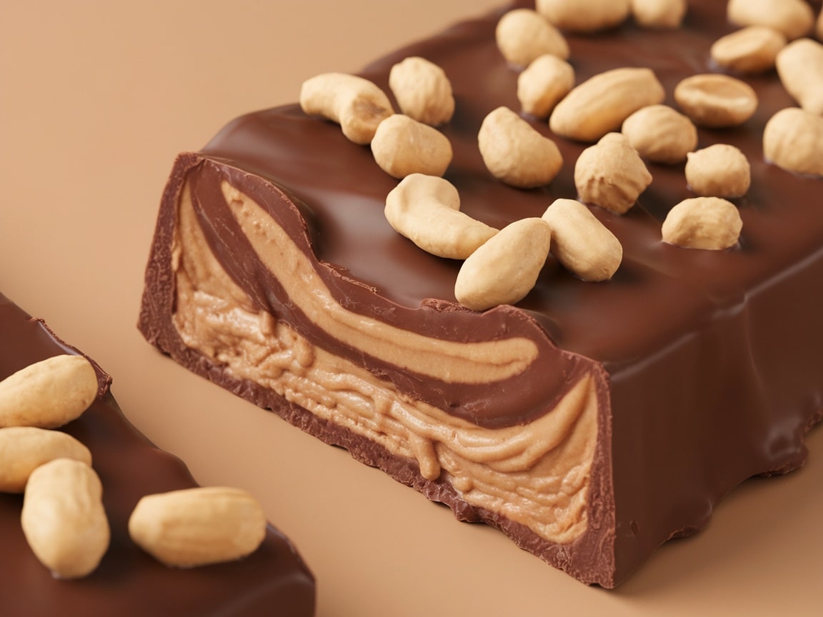 Close-up view of Chocolate Peanut Butter Swirl Bars with peanuts on top