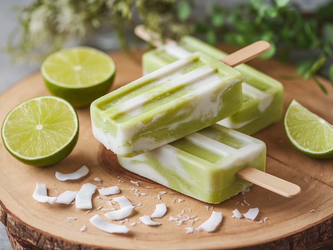 Coconut Lime Popsicles on a wooden board with lime halves and coconut flakes