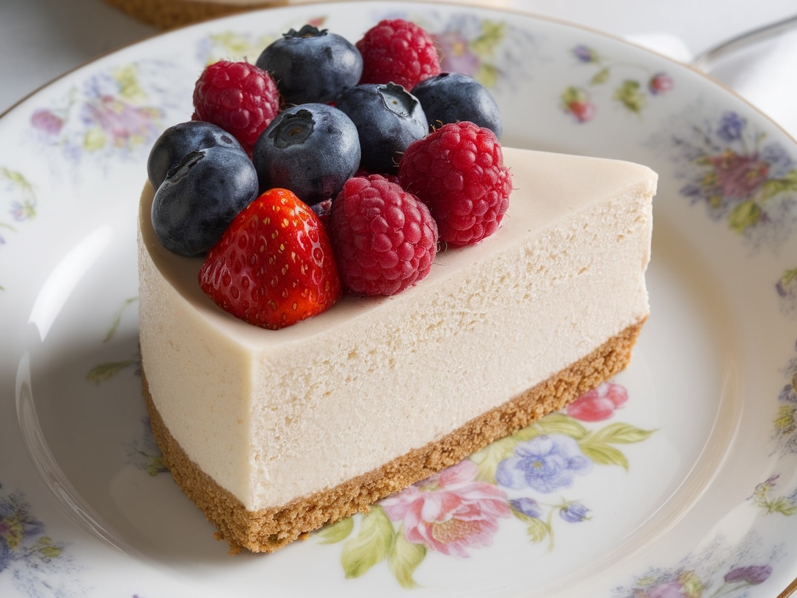 A slice of creamy no-bake cheesecake topped with fresh berries on a decorative plate.