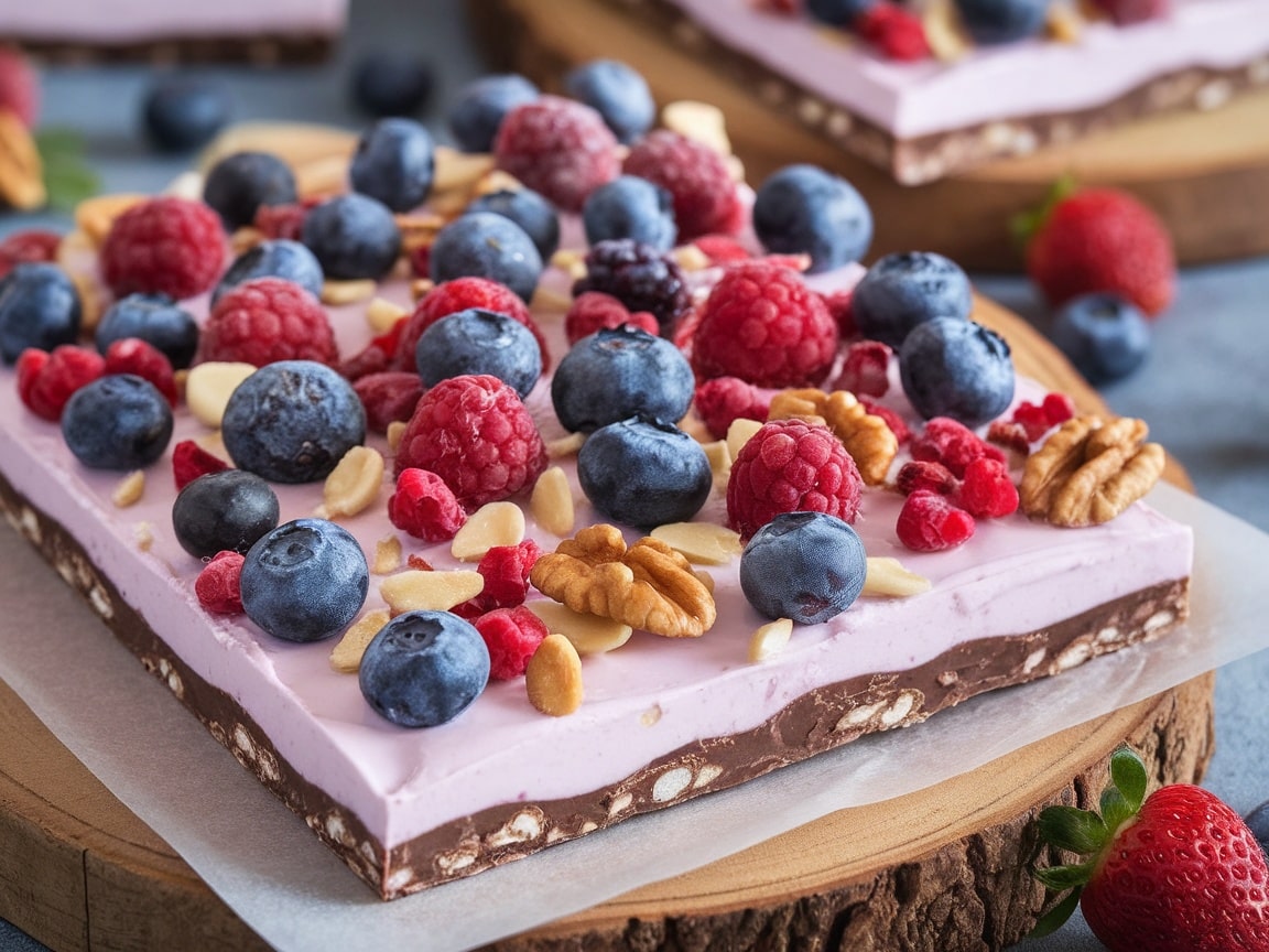 A delicious frozen yogurt bark topped with assorted berries and nuts