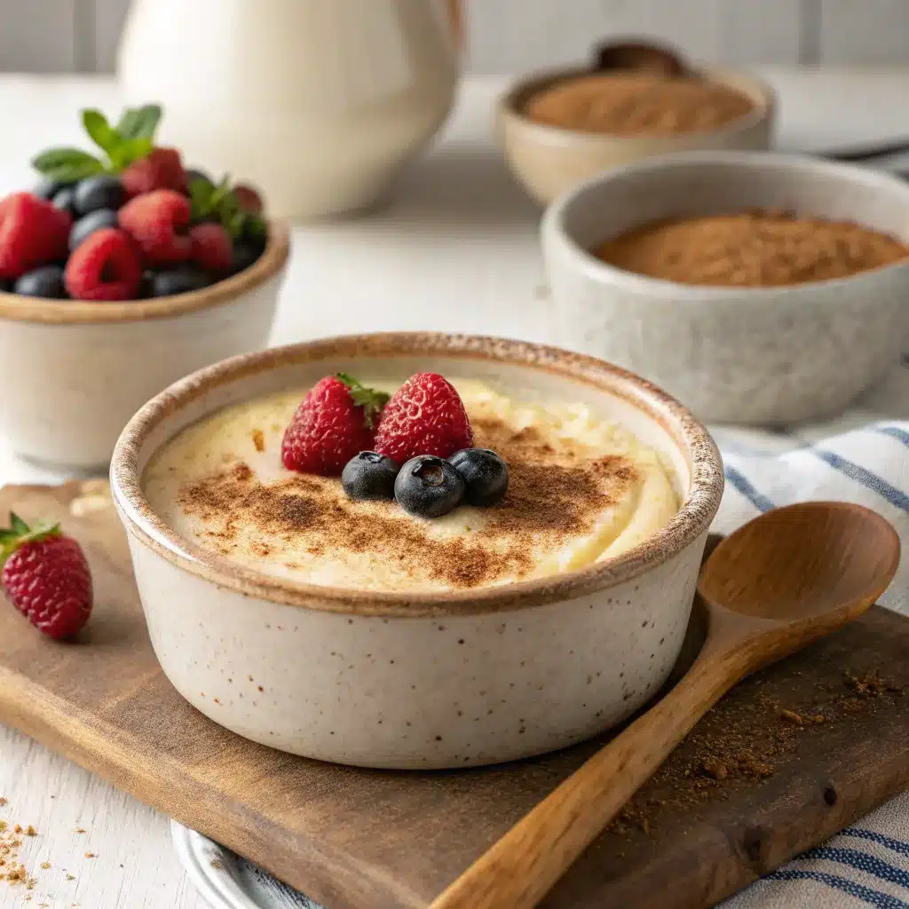 A creamy bowl of Sago Pudding topped with cinnamon and berries on a rustic table.